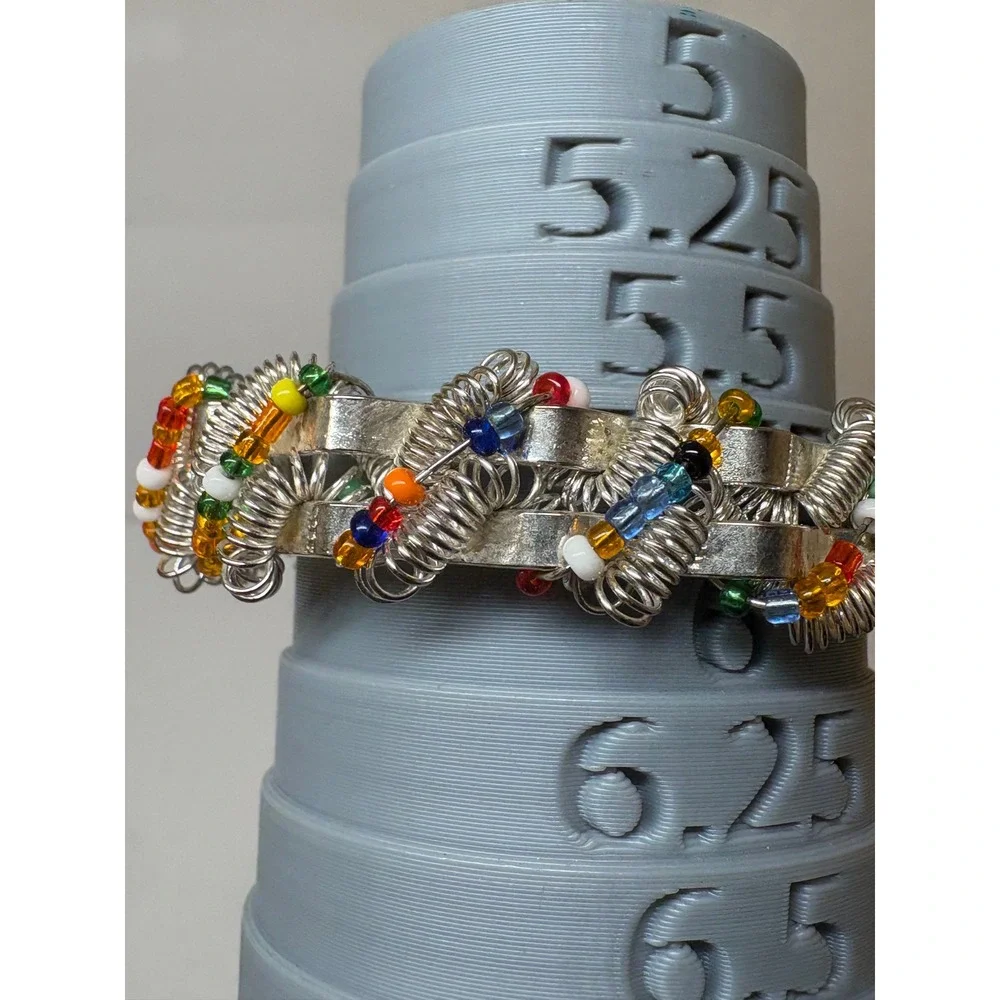 Vintage Silver Tone Wire Wrap Cuff Bracelet Multi Color Seed Beads Industrial